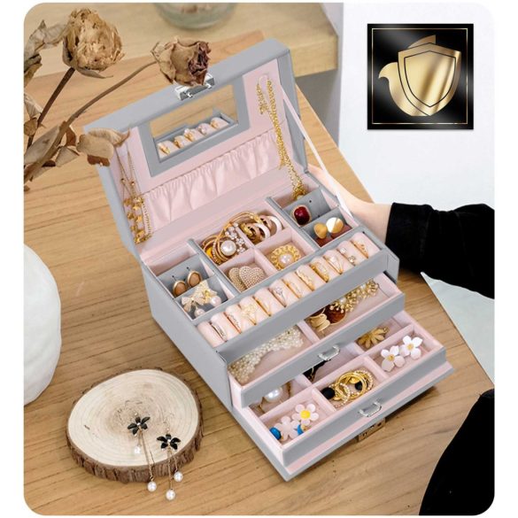 Ékszerdoboz, Massido MS-700, 18,6 × 14,8 × 11 cm, szürke, PU műbőr, kulccsal zárható, tükörrel, fiókokkal és rekeszekkel, fogantyúval