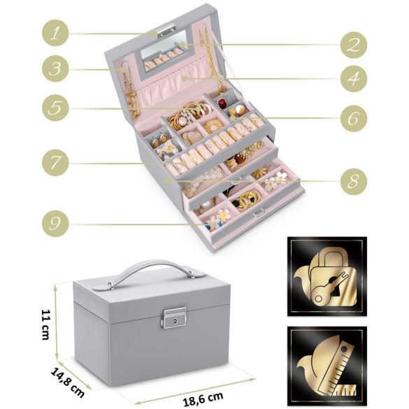 Ékszerdoboz, Massido MS-700, 18,6 × 14,8 × 11 cm, szürke, PU műbőr, kulccsal zárható, tükörrel, fiókokkal és rekeszekkel, fogantyúval