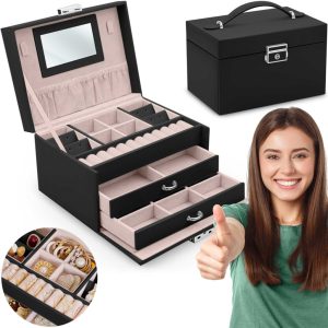 Ékszerdoboz, Massido MS-700, 18,6 × 14,8 × 11 cm, fekete, PU műbőr, kulccsal zárható, tükörrel, fiókokkal és rekeszekkel, fogantyúval