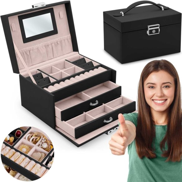 Ékszerdoboz, Massido MS-700, 18,6 × 14,8 × 11 cm, fekete, PU műbőr, kulccsal zárható, tükörrel, fiókokkal és rekeszekkel, fogantyúval