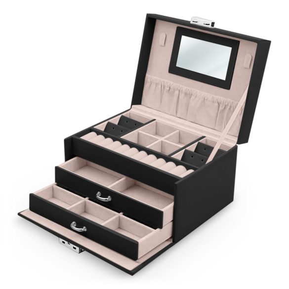 Ékszerdoboz, Massido MS-700, 18,6 × 14,8 × 11 cm, fekete, PU műbőr, kulccsal zárható, tükörrel, fiókokkal és rekeszekkel, fogantyúval