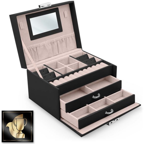 Ékszerdoboz, Massido MS-700, 18,6 × 14,8 × 11 cm, fekete, PU műbőr, kulccsal zárható, tükörrel, fiókokkal és rekeszekkel, fogantyúval