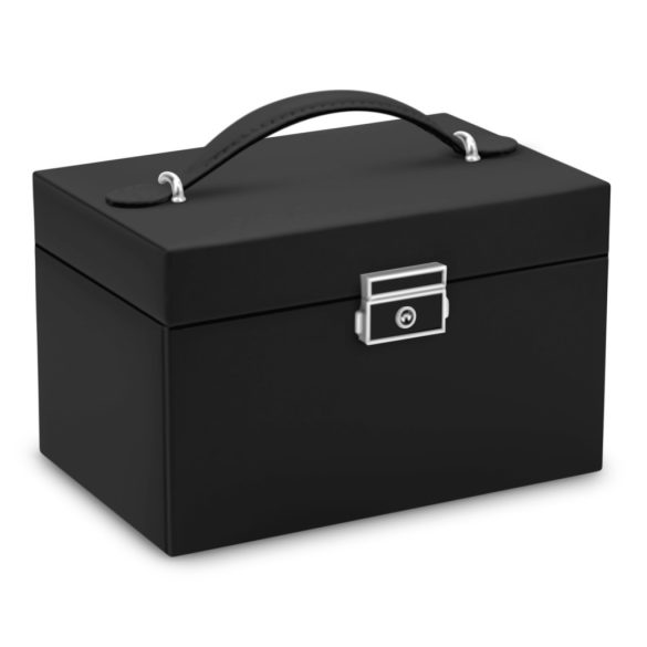 Ékszerdoboz, Massido MS-700, 18,6 × 14,8 × 11 cm, fekete, PU műbőr, kulccsal zárható, tükörrel, fiókokkal és rekeszekkel, fogantyúval