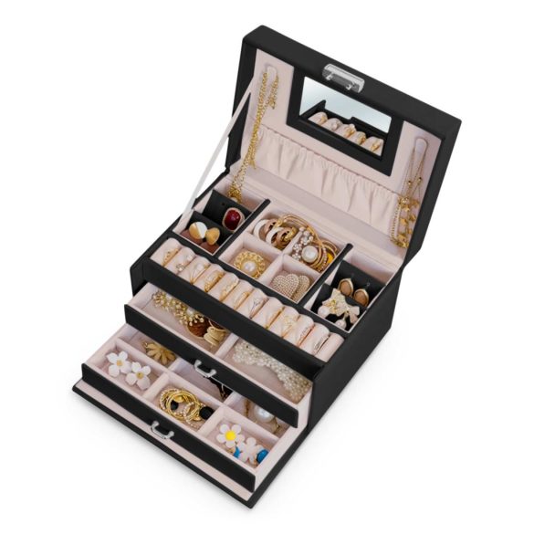 Ékszerdoboz, Massido MS-700, 18,6 × 14,8 × 11 cm, fekete, PU műbőr, kulccsal zárható, tükörrel, fiókokkal és rekeszekkel, fogantyúval