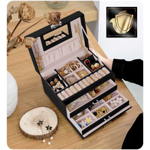 Ékszerdoboz, Massido MS-700, 18,6 × 14,8 × 11 cm, fekete, PU műbőr, kulccsal zárható, tükörrel, fiókokkal és rekeszekkel, fogantyúval