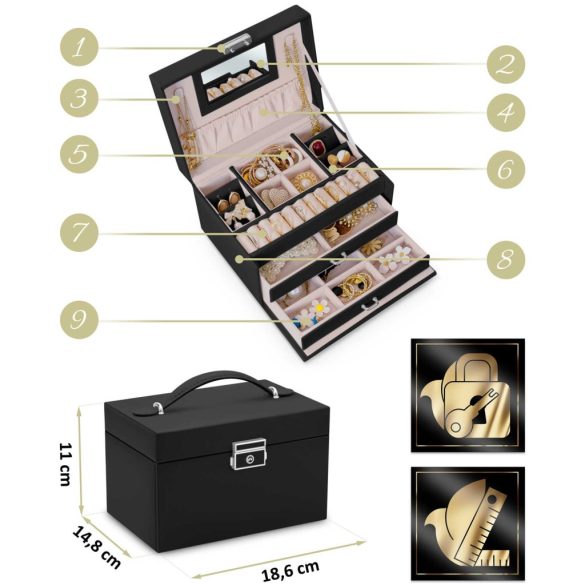 Ékszerdoboz, Massido MS-700, 18,6 × 14,8 × 11 cm, fekete, PU műbőr, kulccsal zárható, tükörrel, fiókokkal és rekeszekkel, fogantyúval