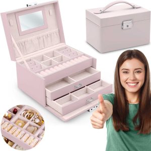 Ékszerdoboz, Massido MS-700, 18,6 × 14,8 × 11 cm, rózsaszín, PU műbőr, kulccsal zárható, tükörrel, fiókokkal és rekeszekkel, fogantyúval