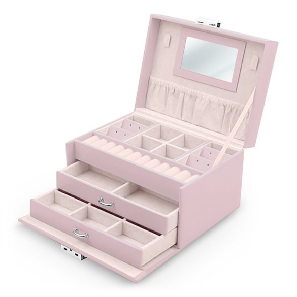 Ékszerdoboz, Massido MS-700, 18,6 × 14,8 × 11 cm, rózsaszín, PU műbőr, kulccsal zárható, tükörrel, fiókokkal és rekeszekkel, fogantyúval