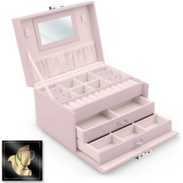 Ékszerdoboz, Massido MS-700, 18,6 × 14,8 × 11 cm, rózsaszín, PU műbőr, kulccsal zárható, tükörrel, fiókokkal és rekeszekkel, fogantyúval