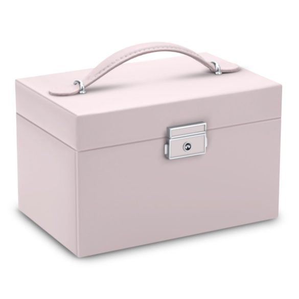 Ékszerdoboz, Massido MS-700, 18,6 × 14,8 × 11 cm, rózsaszín, PU műbőr, kulccsal zárható, tükörrel, fiókokkal és rekeszekkel, fogantyúval