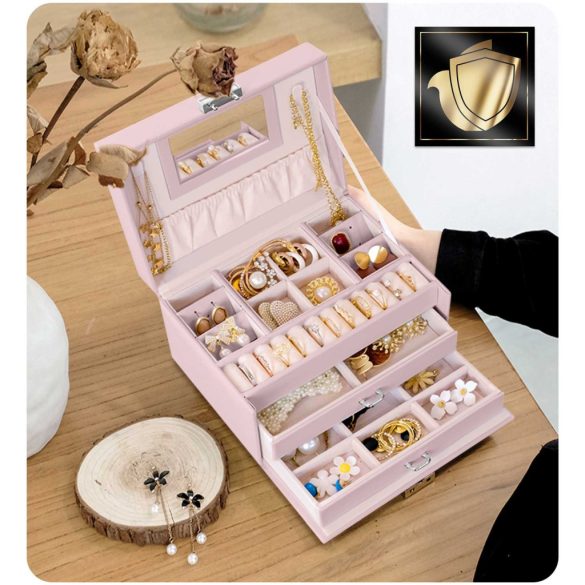 Ékszerdoboz, Massido MS-700, 18,6 × 14,8 × 11 cm, rózsaszín, PU műbőr, kulccsal zárható, tükörrel, fiókokkal és rekeszekkel, fogantyúval