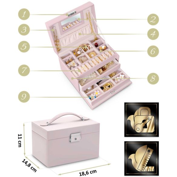 Ékszerdoboz, Massido MS-700, 18,6 × 14,8 × 11 cm, rózsaszín, PU műbőr, kulccsal zárható, tükörrel, fiókokkal és rekeszekkel, fogantyúval