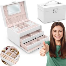   Ékszerdoboz, Massido MS-700, 18,6 × 14,8 × 11 cm, fehér, PU műbőr, kulccsal zárható, tükörrel, fiókokkal és rekeszekkel, fogantyúval
