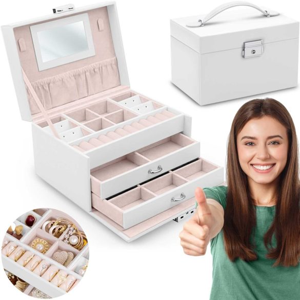 Ékszerdoboz, Massido MS-700, 18,6 × 14,8 × 11 cm, fehér, PU műbőr, kulccsal zárható, tükörrel, fiókokkal és rekeszekkel, fogantyúval