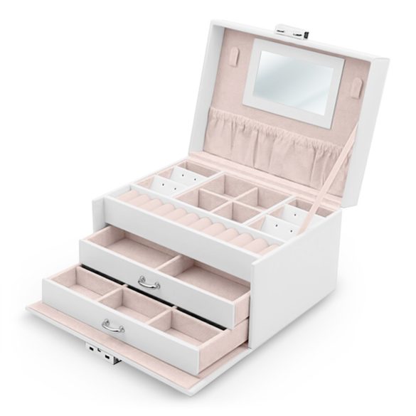 Ékszerdoboz, Massido MS-700, 18,6 × 14,8 × 11 cm, fehér, PU műbőr, kulccsal zárható, tükörrel, fiókokkal és rekeszekkel, fogantyúval