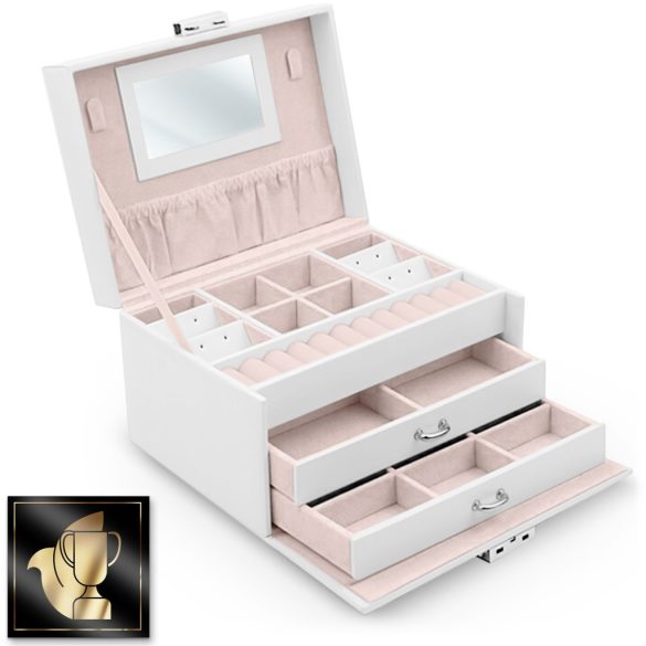 Ékszerdoboz, Massido MS-700, 18,6 × 14,8 × 11 cm, fehér, PU műbőr, kulccsal zárható, tükörrel, fiókokkal és rekeszekkel, fogantyúval
