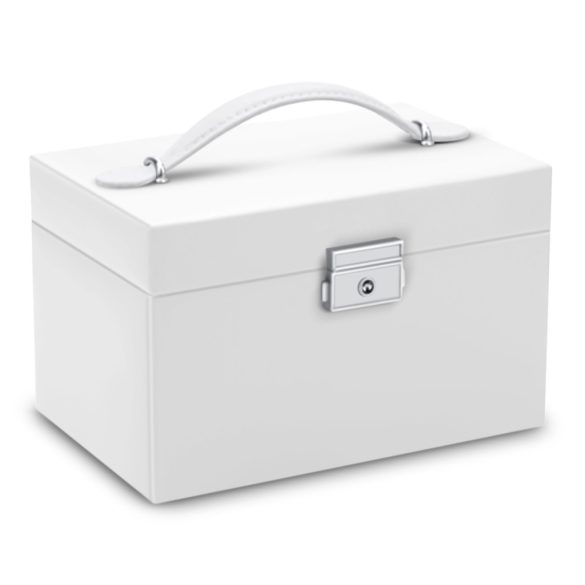 Ékszerdoboz, Massido MS-700, 18,6 × 14,8 × 11 cm, fehér, PU műbőr, kulccsal zárható, tükörrel, fiókokkal és rekeszekkel, fogantyúval