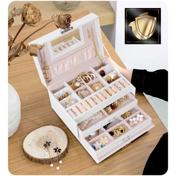 Ékszerdoboz, Massido MS-700, 18,6 × 14,8 × 11 cm, fehér, PU műbőr, kulccsal zárható, tükörrel, fiókokkal és rekeszekkel, fogantyúval