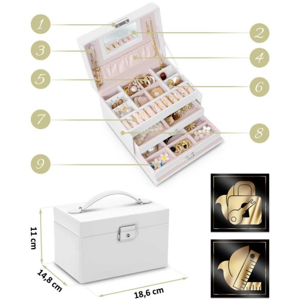 Ékszerdoboz, Massido MS-700, 18,6 × 14,8 × 11 cm, fehér, PU műbőr, kulccsal zárható, tükörrel, fiókokkal és rekeszekkel, fogantyúval
