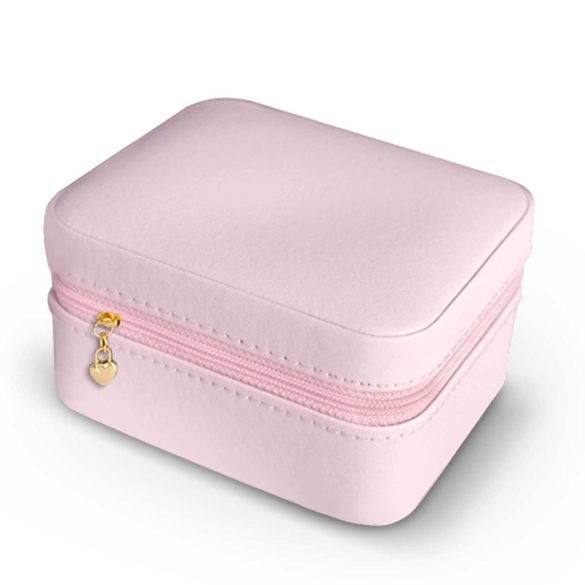 Ékszerdoboz, Massido MS-702, 11 x 9,5 x 6,2 cm, rózsaszín, PU műbőr, kulccsal zárható, nyaklánc akasztókkal, fülbevaló tálcával, gyűrűtartóval