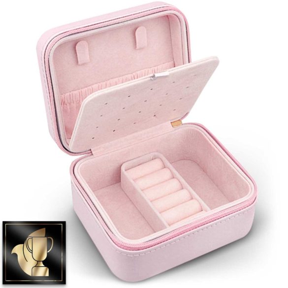 Ékszerdoboz, Massido MS-702, 11 x 9,5 x 6,2 cm, rózsaszín, PU műbőr, kulccsal zárható, nyaklánc akasztókkal, fülbevaló tálcával, gyűrűtartóval