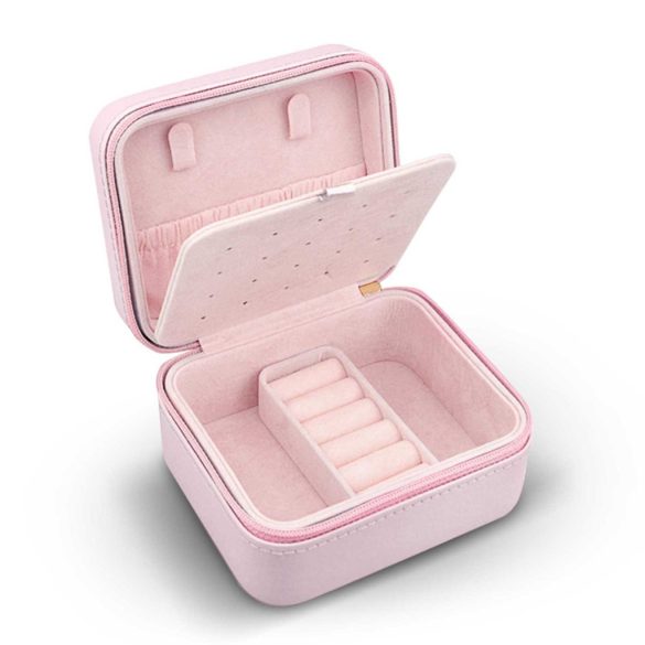 Ékszerdoboz, Massido MS-702, 11 x 9,5 x 6,2 cm, rózsaszín, PU műbőr, kulccsal zárható, nyaklánc akasztókkal, fülbevaló tálcával, gyűrűtartóval