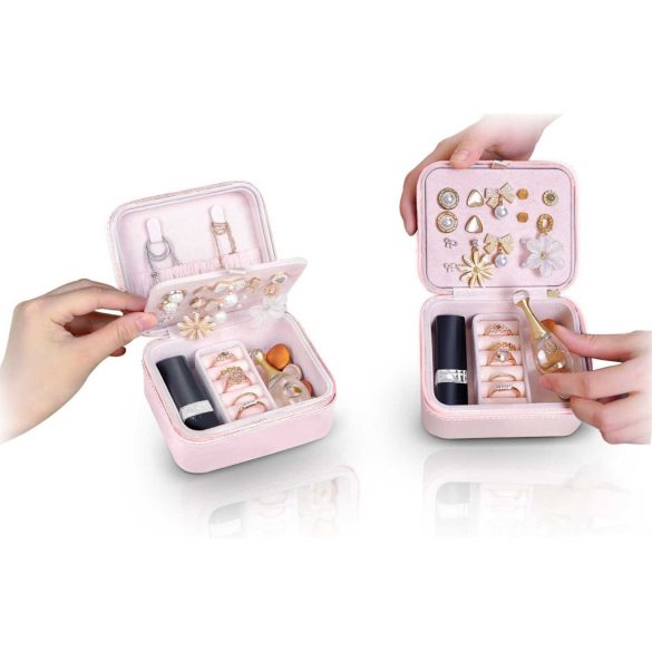 Ékszerdoboz, Massido MS-702, 11 x 9,5 x 6,2 cm, rózsaszín, PU műbőr, kulccsal zárható, nyaklánc akasztókkal, fülbevaló tálcával, gyűrűtartóval