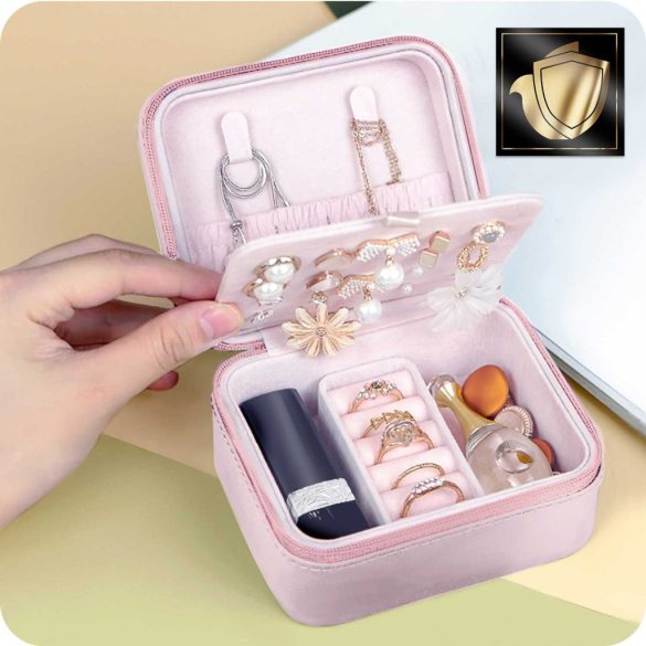 Ékszerdoboz, Massido MS-702, 11 x 9,5 x 6,2 cm, rózsaszín, PU műbőr, kulccsal zárható, nyaklánc akasztókkal, fülbevaló tálcával, gyűrűtartóval