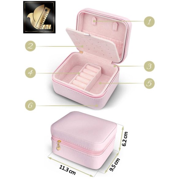 Ékszerdoboz, Massido MS-702, 11 x 9,5 x 6,2 cm, rózsaszín, PU műbőr, kulccsal zárható, nyaklánc akasztókkal, fülbevaló tálcával, gyűrűtartóval