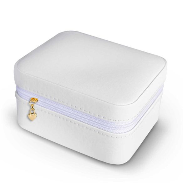 Ékszerdoboz, Massido MS-702, 11 x 9,5 x 6,2 cm, fehér, PU műbőr, kulccsal zárható, nyaklánc akasztókkal, fülbevaló tálcával, gyűrűtartóval