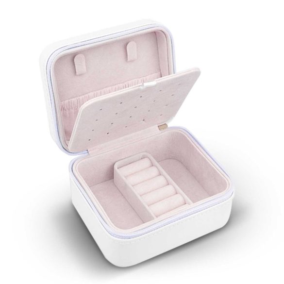 Ékszerdoboz, Massido MS-702, 11 x 9,5 x 6,2 cm, fehér, PU műbőr, kulccsal zárható, nyaklánc akasztókkal, fülbevaló tálcával, gyűrűtartóval