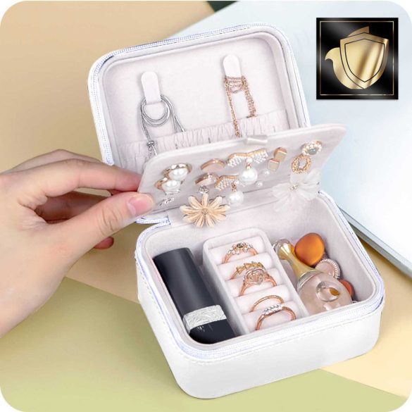 Ékszerdoboz, Massido MS-702, 11 x 9,5 x 6,2 cm, fehér, PU műbőr, kulccsal zárható, nyaklánc akasztókkal, fülbevaló tálcával, gyűrűtartóval