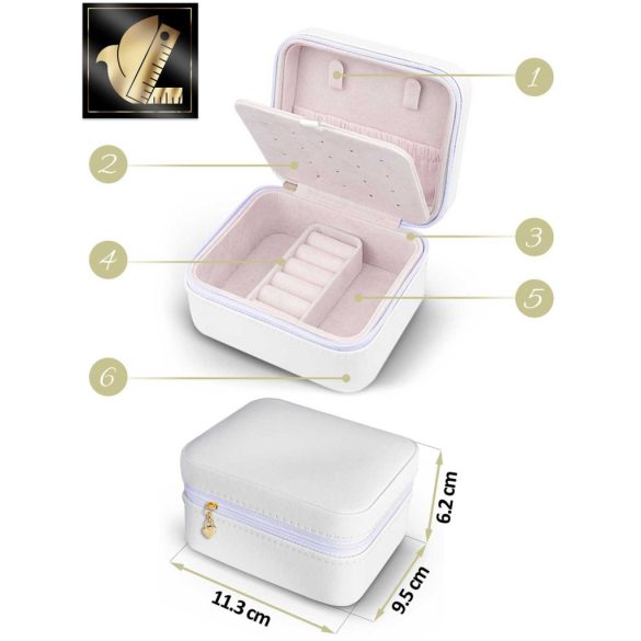 Ékszerdoboz, Massido MS-702, 11 x 9,5 x 6,2 cm, fehér, PU műbőr, kulccsal zárható, nyaklánc akasztókkal, fülbevaló tálcával, gyűrűtartóval