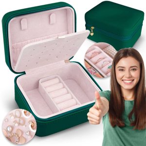 Ékszerdoboz, Massido MS-702, 11 x 9,5 x 6,2 cm, zöld, PU műbőr, kulccsal zárható, nyaklánc akasztókkal, fülbevaló tálcával, gyűrűtartóval