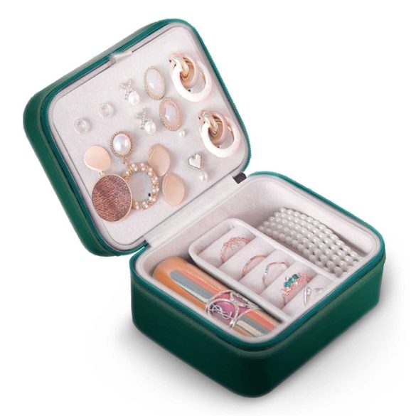 Ékszerdoboz, Massido MS-702, 11 x 9,5 x 6,2 cm, zöld, PU műbőr, kulccsal zárható, nyaklánc akasztókkal, fülbevaló tálcával, gyűrűtartóval