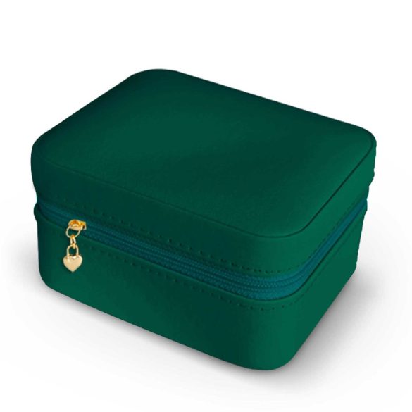 Ékszerdoboz, Massido MS-702, 11 x 9,5 x 6,2 cm, zöld, PU műbőr, kulccsal zárható, nyaklánc akasztókkal, fülbevaló tálcával, gyűrűtartóval