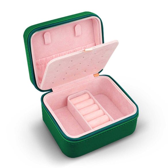 Ékszerdoboz, Massido MS-702, 11 x 9,5 x 6,2 cm, zöld, PU műbőr, kulccsal zárható, nyaklánc akasztókkal, fülbevaló tálcával, gyűrűtartóval