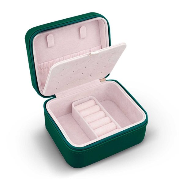 Ékszerdoboz, Massido MS-702, 11 x 9,5 x 6,2 cm, zöld, PU műbőr, kulccsal zárható, nyaklánc akasztókkal, fülbevaló tálcával, gyűrűtartóval