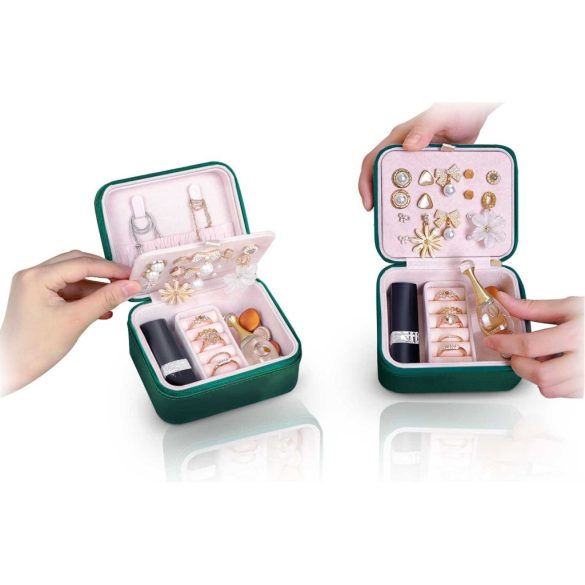 Ékszerdoboz, Massido MS-702, 11 x 9,5 x 6,2 cm, zöld, PU műbőr, kulccsal zárható, nyaklánc akasztókkal, fülbevaló tálcával, gyűrűtartóval