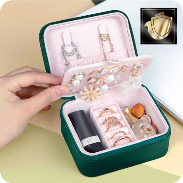 Ékszerdoboz, Massido MS-702, 11 x 9,5 x 6,2 cm, zöld, PU műbőr, kulccsal zárható, nyaklánc akasztókkal, fülbevaló tálcával, gyűrűtartóval