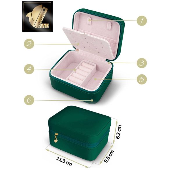 Ékszerdoboz, Massido MS-702, 11 x 9,5 x 6,2 cm, zöld, PU műbőr, kulccsal zárható, nyaklánc akasztókkal, fülbevaló tálcával, gyűrűtartóval