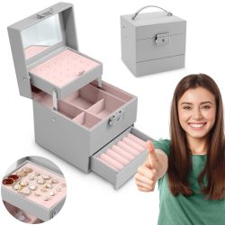  Ékszerdoboz, Massido MS-703, 13 x 13 x 12,5 cm, szürke, PU műbőr, kulccsal zárható, tükrös, rekeszes, gyűrű- és fülbevaló tartóval, fogantyúval
