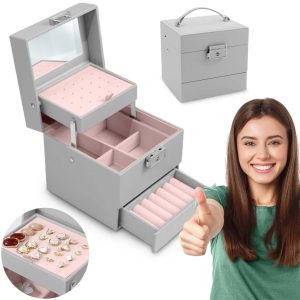 Ékszerdoboz, Massido MS-703, 13 x 13 x 12,5 cm, szürke, PU műbőr, kulccsal zárható, tükrös, rekeszes, gyűrű- és fülbevaló tartóval, fogantyúval