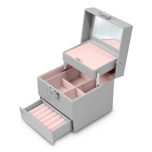 Ékszerdoboz, Massido MS-703, 13 x 13 x 12,5 cm, szürke, PU műbőr, kulccsal zárható, tükrös, rekeszes, gyűrű- és fülbevaló tartóval, fogantyúval