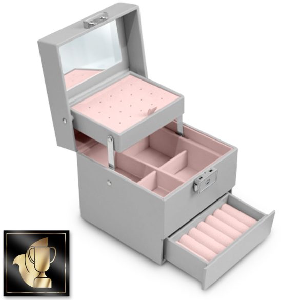 Ékszerdoboz, Massido MS-703, 13 x 13 x 12,5 cm, szürke, PU műbőr, kulccsal zárható, tükrös, rekeszes, gyűrű- és fülbevaló tartóval, fogantyúval