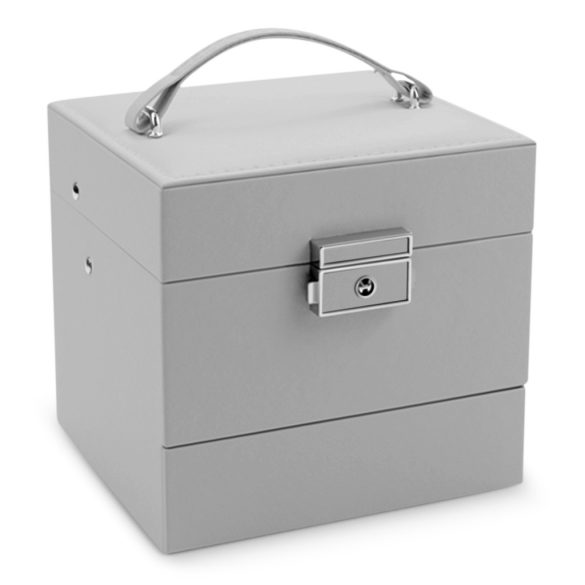 Ékszerdoboz, Massido MS-703, 13 x 13 x 12,5 cm, szürke, PU műbőr, kulccsal zárható, tükrös, rekeszes, gyűrű- és fülbevaló tartóval, fogantyúval