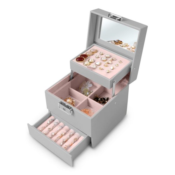 Ékszerdoboz, Massido MS-703, 13 x 13 x 12,5 cm, szürke, PU műbőr, kulccsal zárható, tükrös, rekeszes, gyűrű- és fülbevaló tartóval, fogantyúval