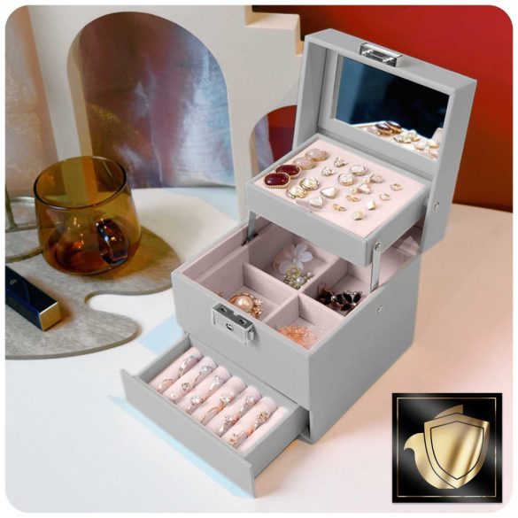 Ékszerdoboz, Massido MS-703, 13 x 13 x 12,5 cm, szürke, PU műbőr, kulccsal zárható, tükrös, rekeszes, gyűrű- és fülbevaló tartóval, fogantyúval