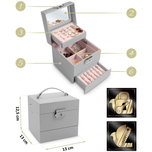Ékszerdoboz, Massido MS-703, 13 x 13 x 12,5 cm, szürke, PU műbőr, kulccsal zárható, tükrös, rekeszes, gyűrű- és fülbevaló tartóval, fogantyúval