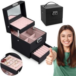   Ékszerdoboz, Massido MS-703, 13 x 13 x 12,5 cm, fekete, PU műbőr, kulccsal zárható, tükrös, rekeszes, gyűrű- és fülbevaló tartóval, fogantyúval